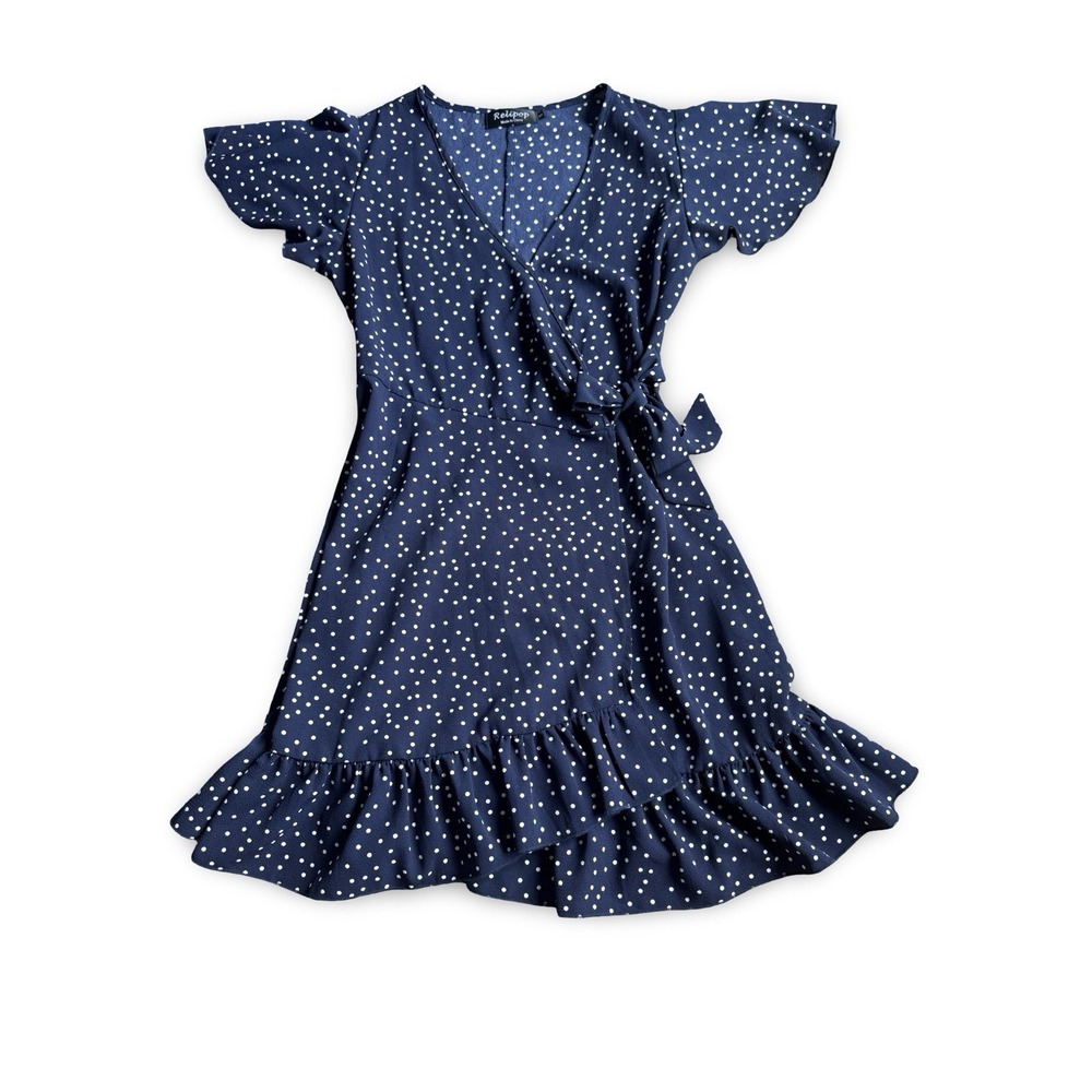 Relipop Womens Navy Blue & White Polka‎ Dot Lightweight Wrap Sundress Dress S
